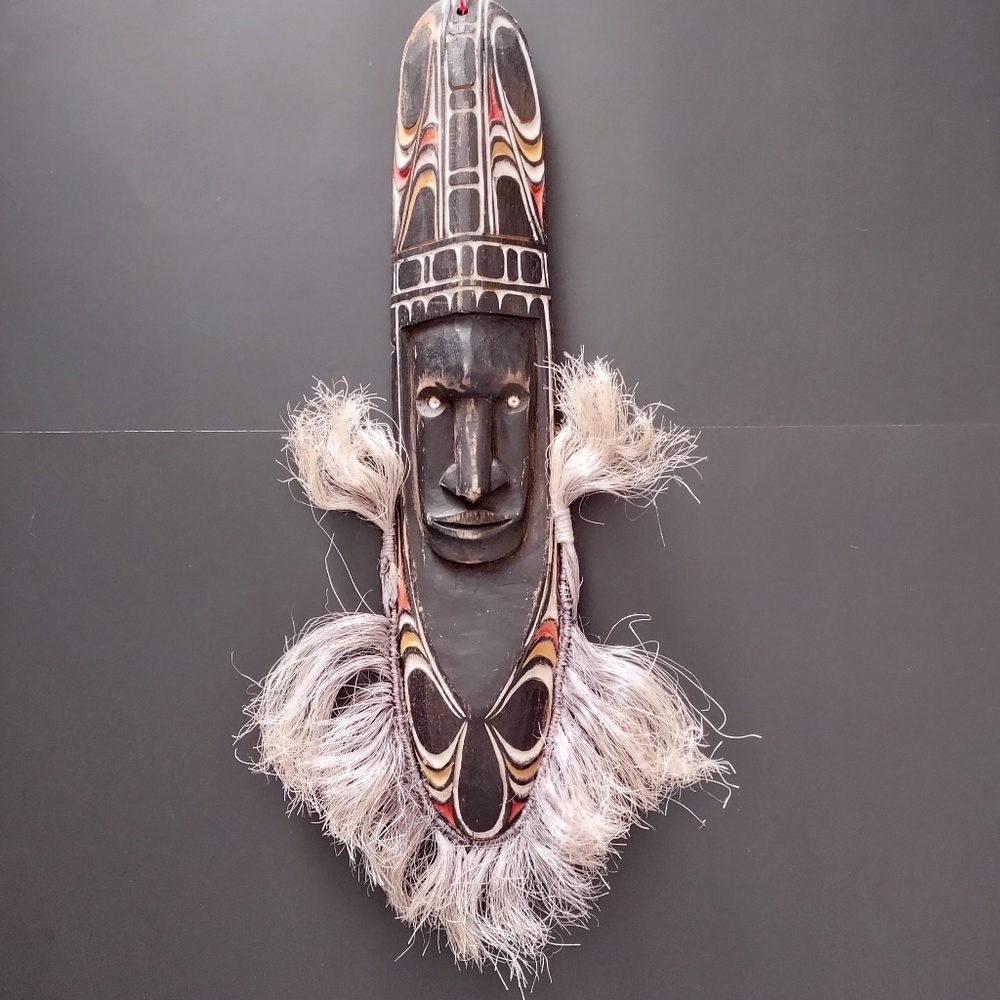 Large African Wooden Handmade Mask Vegetable fibers Shells Mineral pigments 25"